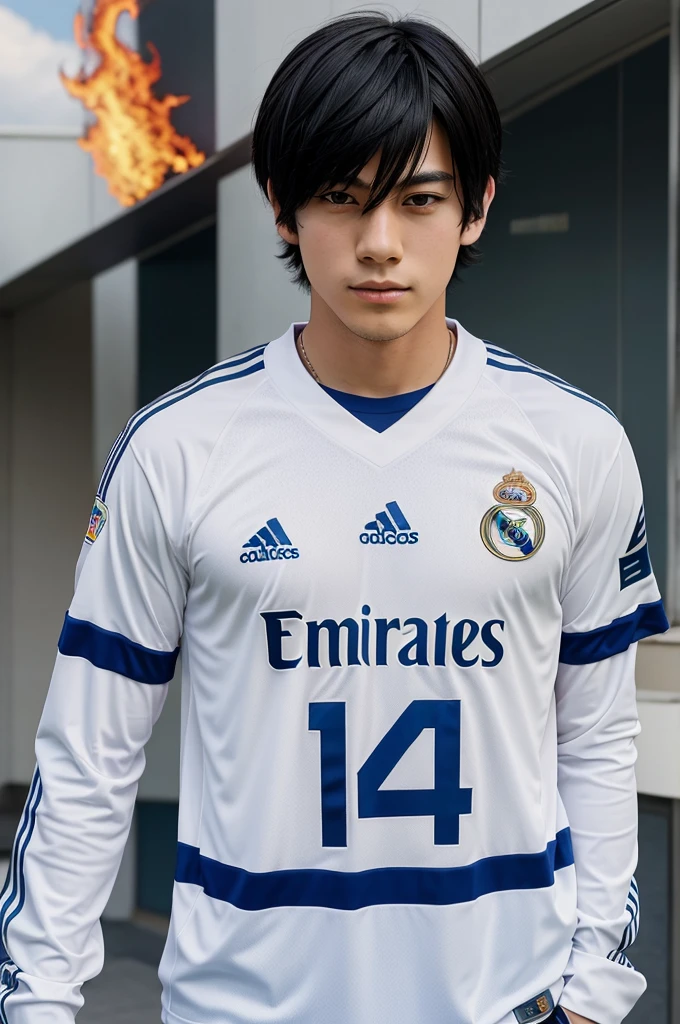 Anime boy wearing real madrid football jersey with lordflame name on it in the back of the jersey and giving unique pose with football
