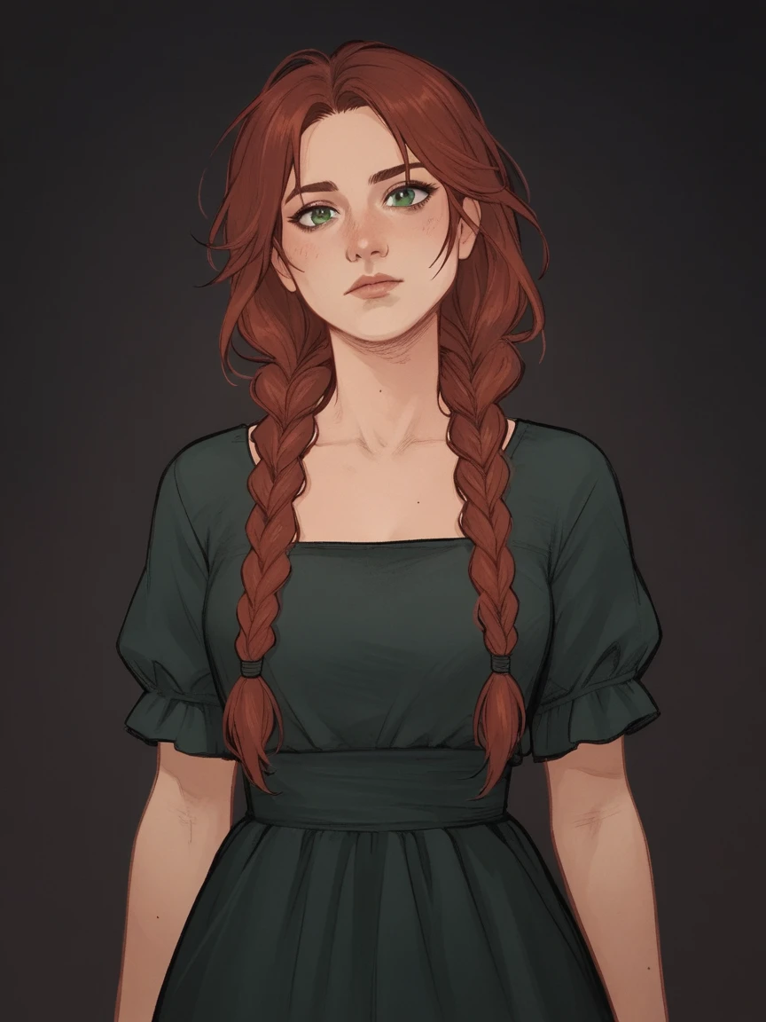 score_9, score_8_up, score_7_up, score_6_up, score_5_up, score_4_up,   wh33z13, 1woman, red long hair with some tini braids, dark green eyes, dress, dark background