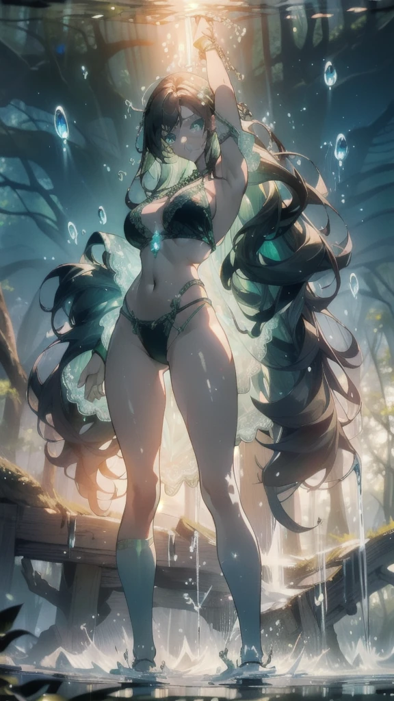 ((masterpiece, best quality)), Epic battlefield atmosphere，Delicate face，goddess，forest，whole body，Standing picture，glowing green eyes，Large Breasts，Gradient white long wavy hair，Perfect body proportions，Pure white background，firefly，Water Ripples，Lace，Transparent sex bikini，whip，chain