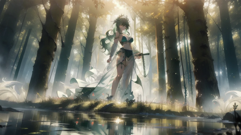 ((masterpiece, best quality)), Epic battlefield atmosphere,Delicate face,goddess,forest,whole body,Standing picture,glowing green eyes,Large Breasts,Gradient white long wavy hair,Perfect body proportions,Pure white background,firefly,Water Ripples,Lace,Transparent sex bikini,whip,chain