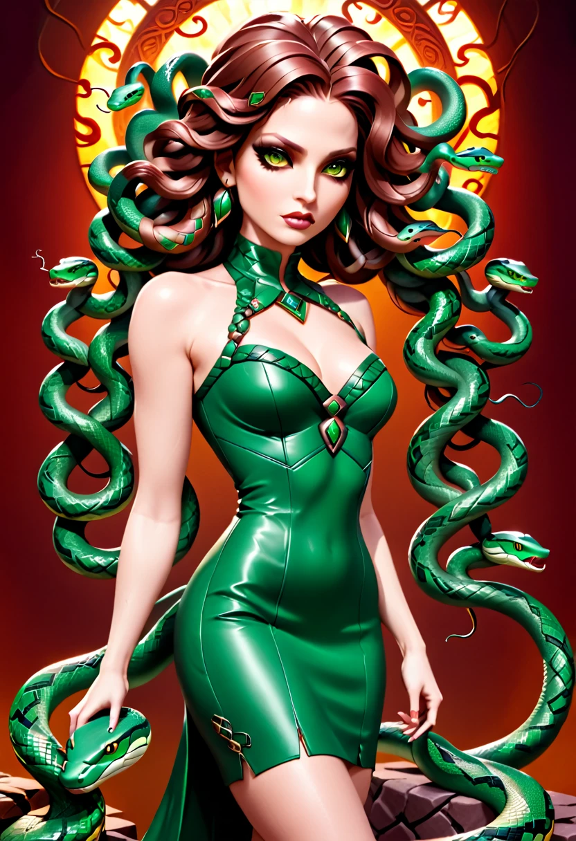 dark fantasy art a medusa having (snake twin braids: 1.5) a most beautiful medusa, reptilian eyes, pale skin, having twin snake braids, ((only two braids made from living snakes: 1.3)) on the medusa head, she wears intricate leather dress, thigh high heeled boots, modern bar background,  dynamic range, vibrant, Ultra-high resolution, High Contrast, (masterpiece:1.5), highest quality, Best aesthetics), best details, best quality, highres, ultra wide angle, 16k, [ultra detailed], masterpiece, best quality, (extremely detailed), Intense Gaze, Medusa, sn4k3h41r, snake hair,