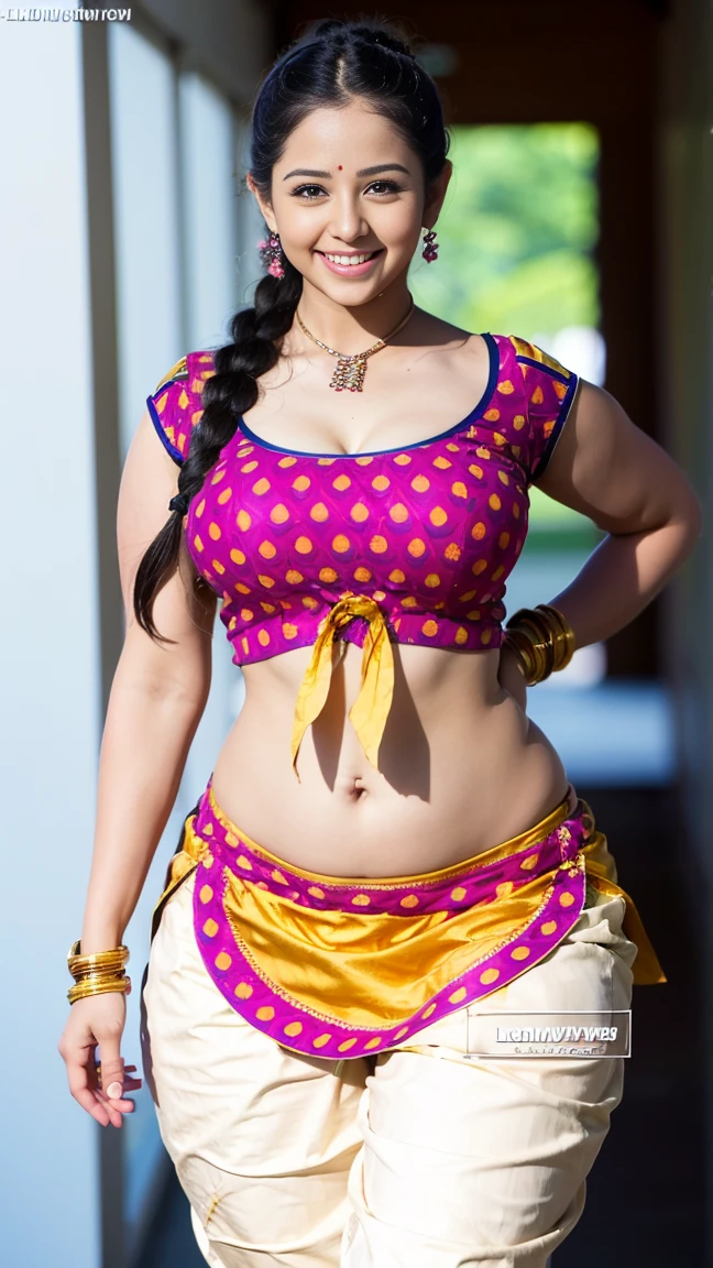 HD wallpaper 32k cinematic shoot of a Beautiful cute girl, with thick thighs and a curvy waist, twin braids, wearing an Indian blouse top, horny, seductively, in a school corridor, dotted blouse top, smiling, ((long curvy waist)), ((lowwaist)), ((curvy waist))