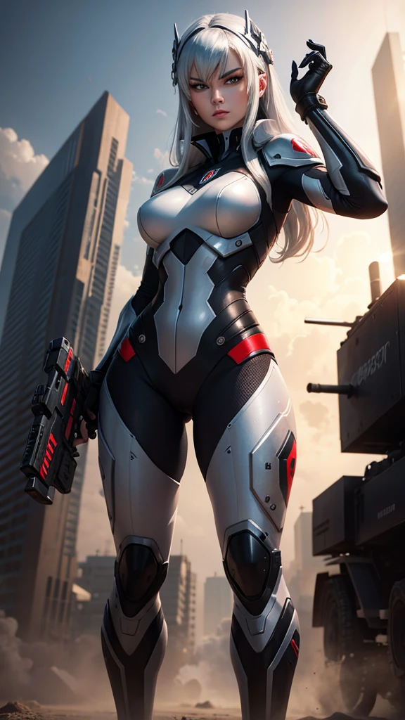 Megatron human woman in military outfit with silver hair and red eye