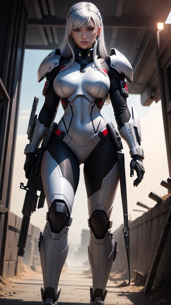 Megatron human woman in military outfit with silver hair and red eye 