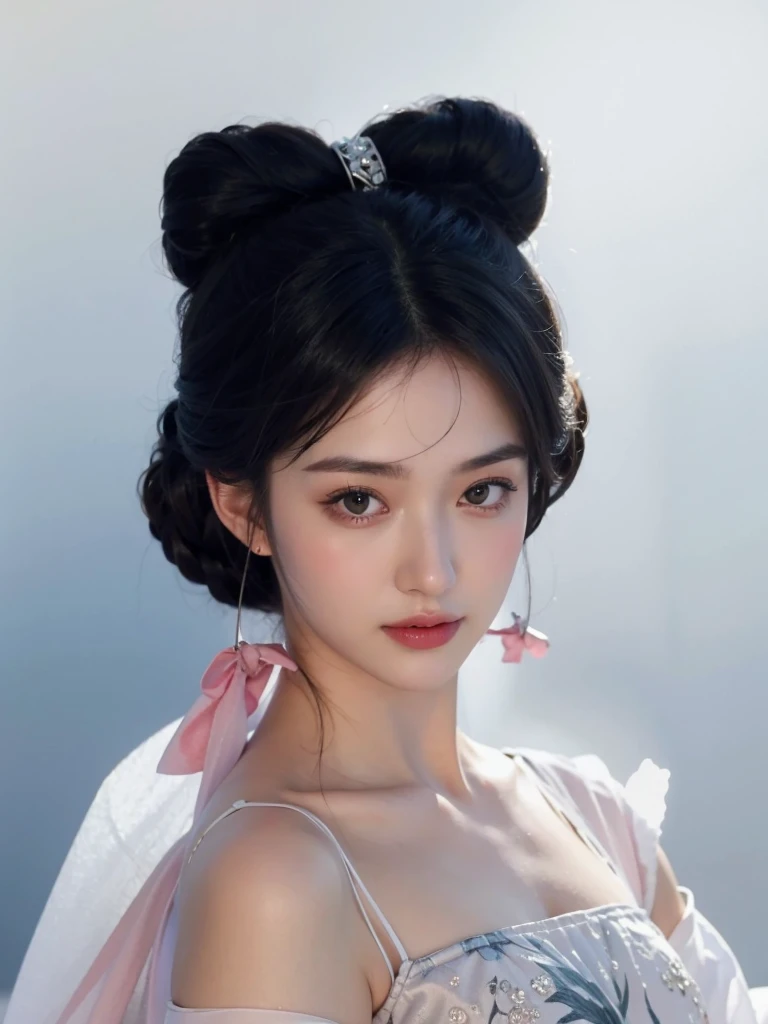 Real photos of beautiful 4m4nd4s-v2 women, 1 girl, alone, black hair, earrings, jewelry, actual, looking at the audience, Upper Body, skirt, collar, black eyes, Hair Bun, hair accessories, Lips,actual, soft light, Professional photography, Photoactual, detailed, Raw, simulation, sharp focus, 8K, HD, DSLR camera, high quality, Fuji XT3, film grain, Winning, masterpiece