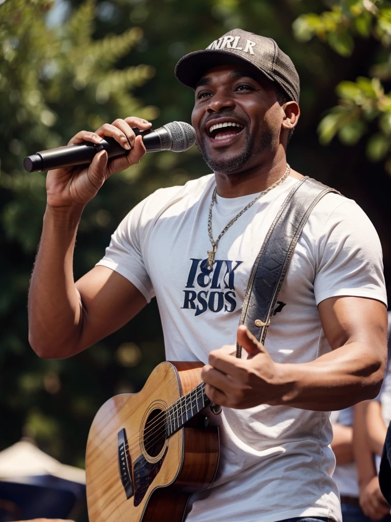 man of 40 years old, with cap, pop music singer, singing at an outdoor party with great joy.