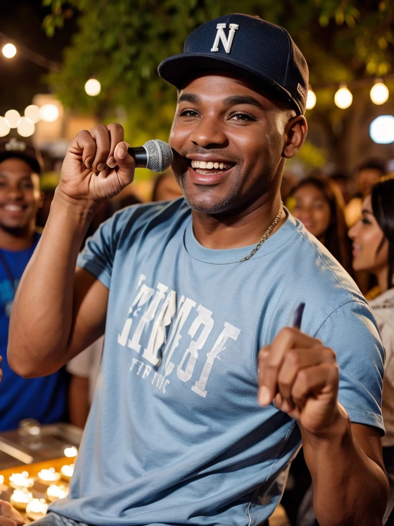 man of 40 years old, with cap, pop music singer, singing at an outdoor party with great joy.