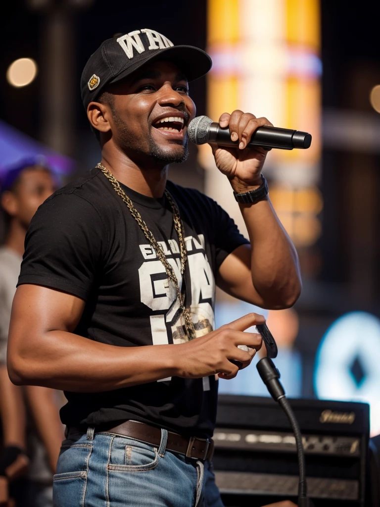 man of 40 years old, with cap, pop music singer, singing at an outdoor party with great joy.
