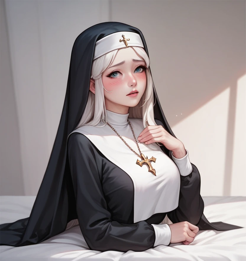 korean beautifull girl，18 years old,Pretty Face，Good shape，detailed picture, Shy expression， blush，White long hair, Wear nun&#39;s clothes，Wear black pantyhose, Wearing black boxing gloves, Kneeling in a sexy pose on the boxing ring，Large Breasts,Cleavage,Long legs，Thin waist，nipple，Camel toe