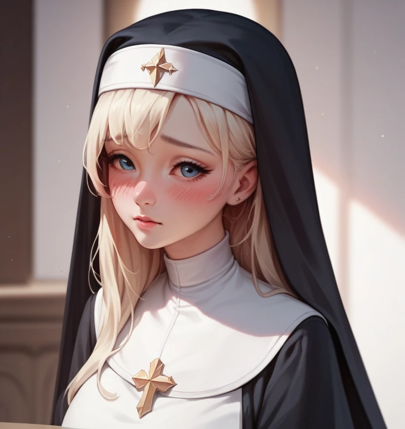 korean beautifull girl,18 years old,Pretty Face,Good shape,detailed picture, Shy expression, blush,White long hair, Wear nun's clothes,Wear black pantyhose, Wearing black boxing gloves, Kneeling in a sexy pose on the boxing ring,Large Breasts,Cleavage,Long legs,Thin waist,??????,Camel toe