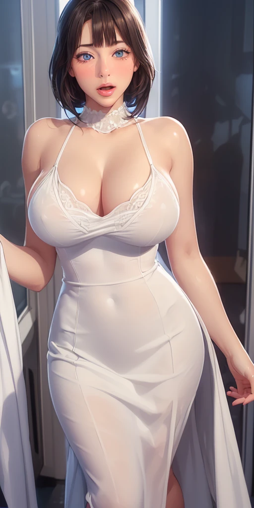 ((medium long shot)), (One ultimate beautiful mature woman), ( 1 women), very detailed顔, detailed lips, sensual lips, detailed eye, double eyelid, chignon , big and full breasts,big  , gigantic breast, (thighs thighs thighs),  Exactly, perfect body, perfect face, Depth of the bounds written, perfect image realism, 、Detailed With background, detailed costume, perfect thing、hyper realism、photoreal、8K maximum resolution, (masterpiece), very detailed, Professional, ((feel shy, embarrased, nervous:1.4)), ((in the hotel:1.4)),((, slim thigh, long  leggs, :1.4)), ((see through kebaya bali, hard nipples , stockings, open  cleavage, chignon, hands covering her chest, open lips:1.4))