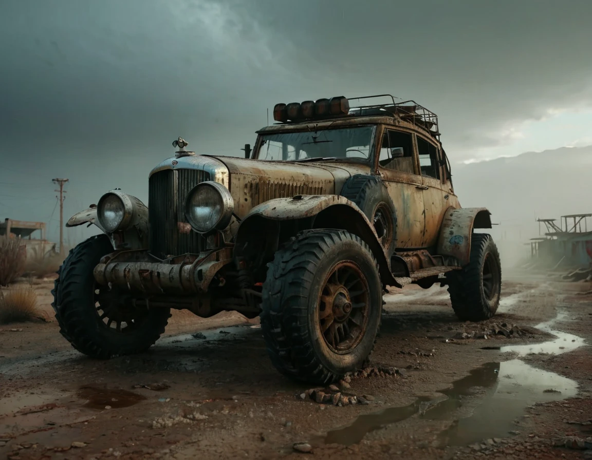 a powerful off-roader, post-apocalyptic, mad max style, weathered and dystopian, desert landscape, dramatic lighting, vibrant colors, gritty and rugged, heavily modified vehicle, massive wheels, spikes and armor plating, menacing presence, cinematic composition, ultra-detailed, 8k, photorealistic, dramatic angles, chiaroscuro lighting, volumetric fog, dust and grime effects, worn and battle-damaged, ominous atmosphere, cinematic depth of field, dramatic color grading, intense shadows and highlights, car old Bentley.