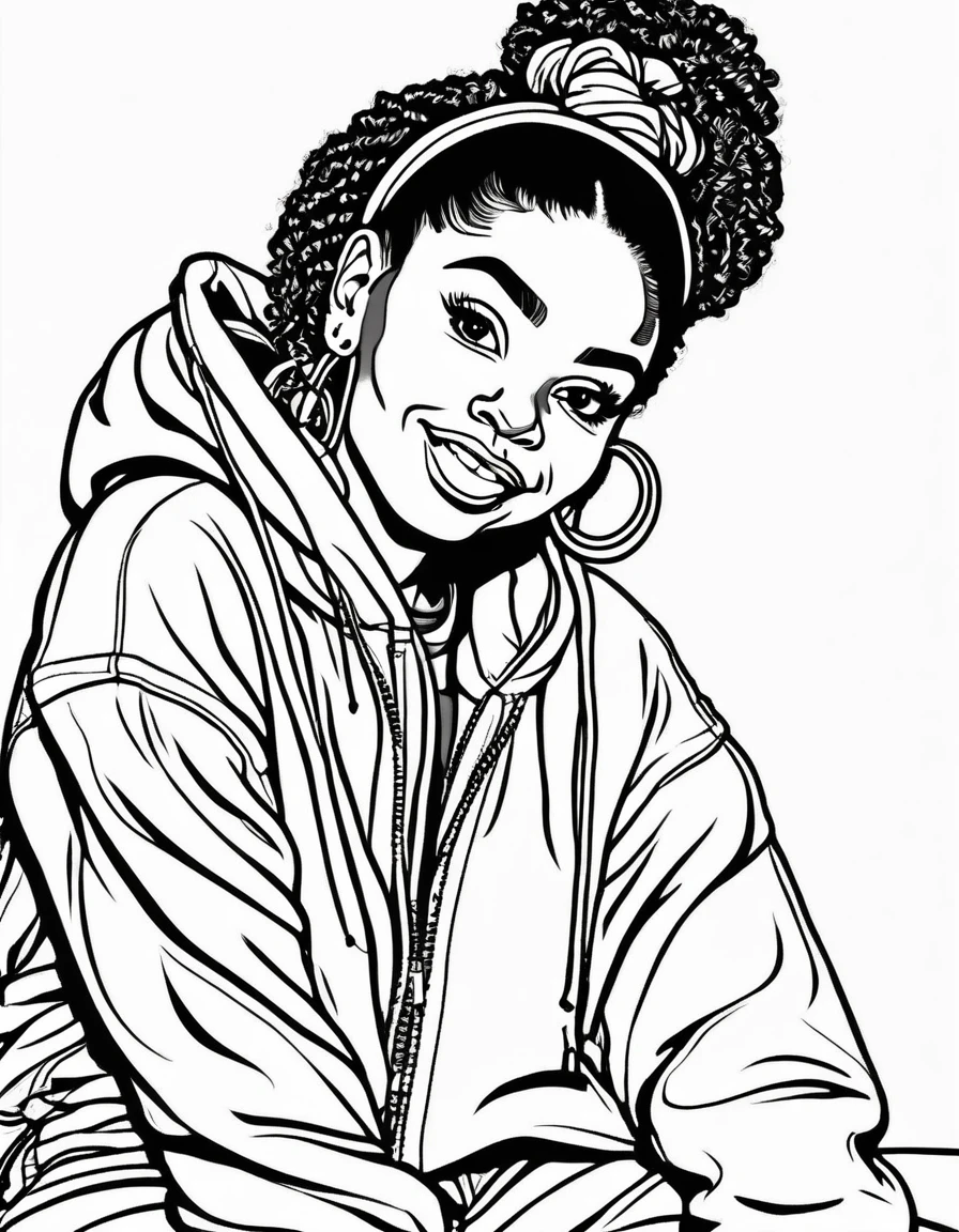 a black and white illustration coloring page,of A babbie African American girl with a high curly ponytail wrapped in a colorful scrunchie. She wears a cropped hoodie over high-waisted leggings, paired with stylish sneakers. Her eyes exude confidence, and she accessorizes with a baseball cap worn backwards, hoop earrings, and a crossbody bag.