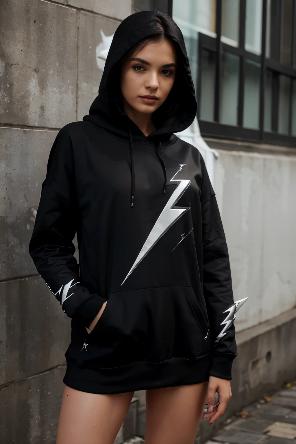 Create a black hoddie with a white lightning bolt print and a futuristic detail on the right sleeve.