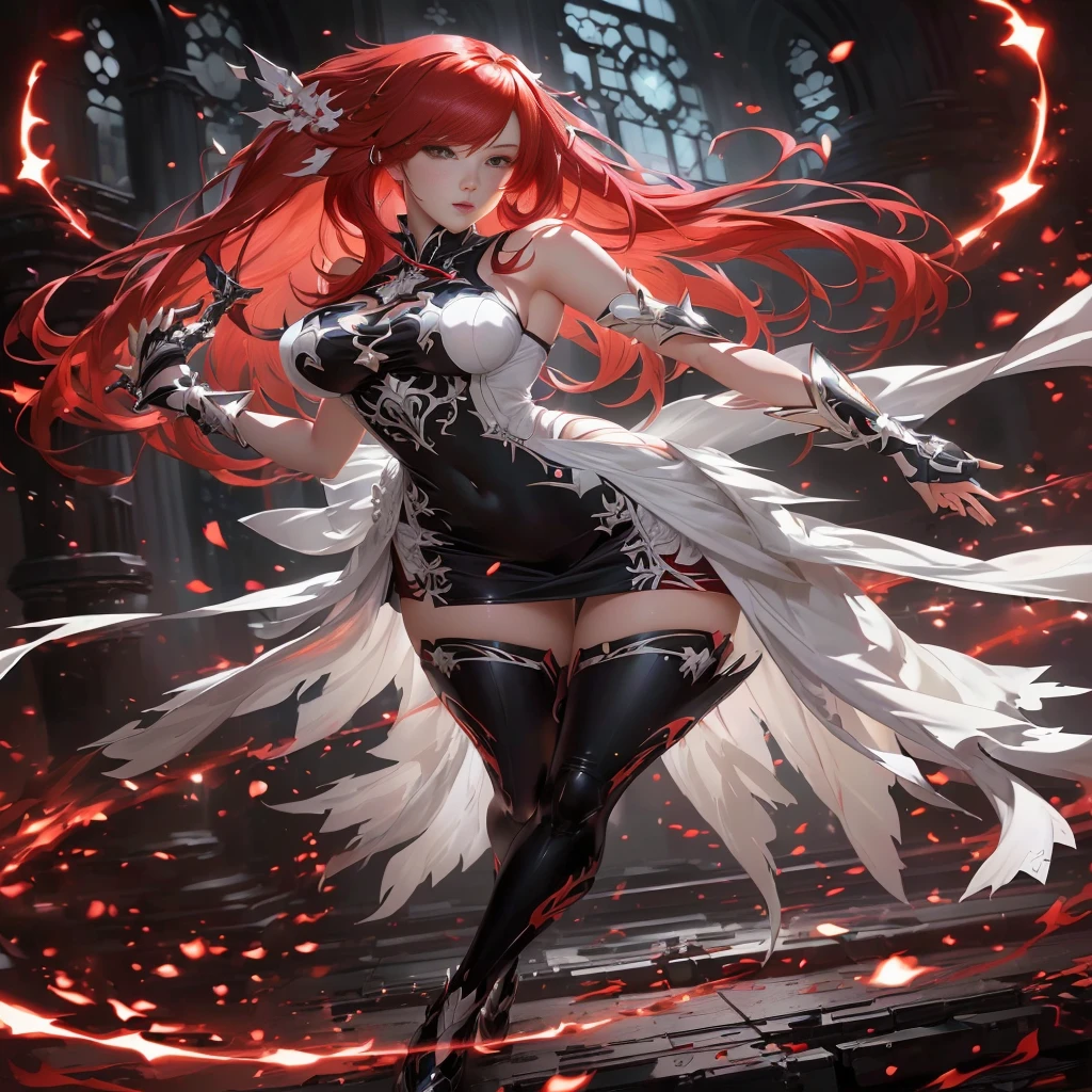 anime girl with red hair and white dress in a dark room, rias gremory, red haired goddess, trending on artstation pixiv, cushart krenz key art feminine, highly detailed exquisite fanart, extremely detailed artgerm, full portrait of elementalist, high detailed official artwork, artgerm on artstation pixiv, official character art