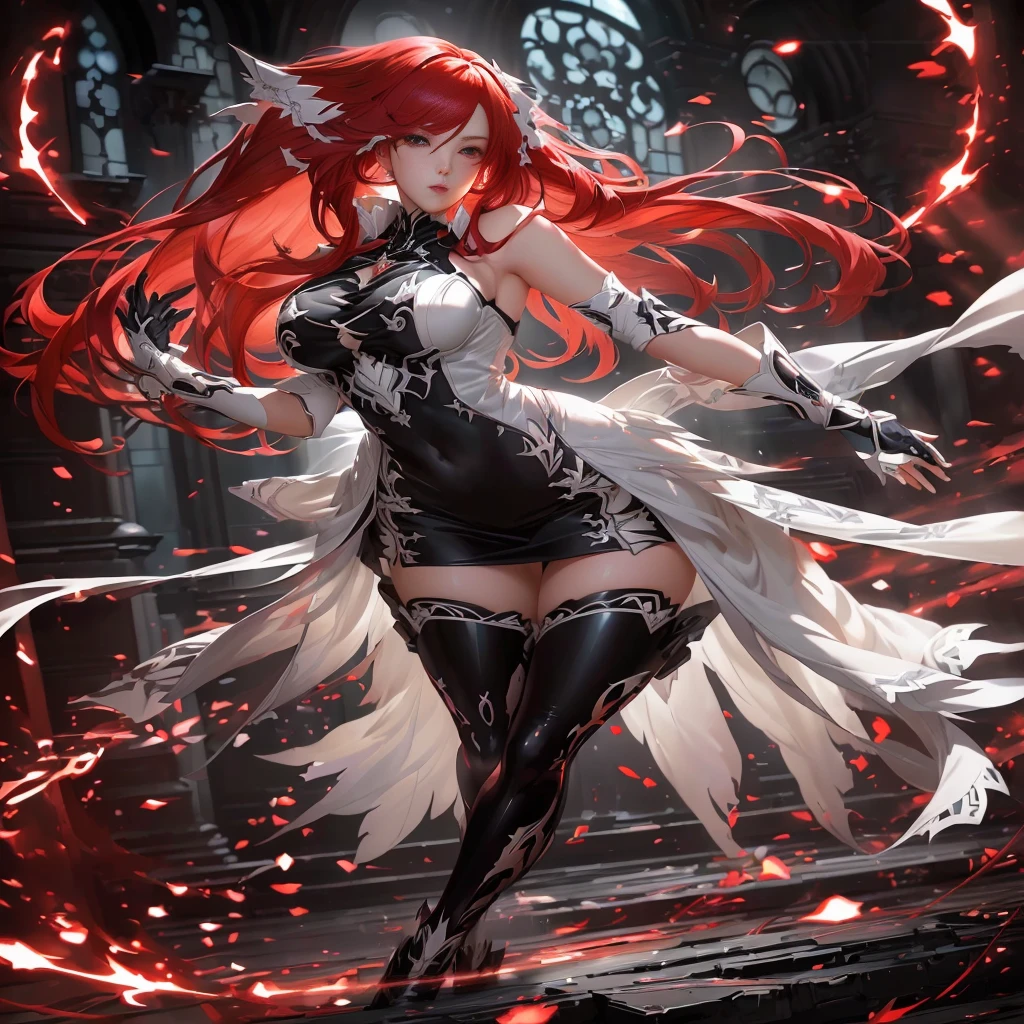 anime girl with red hair and white dress in a dark room, rias gremory, red haired goddess, trending on artstation pixiv, cushart krenz key art feminine, highly detailed exquisite fanart, extremely detailed artgerm, full portrait of elementalist, high detailed official artwork, artgerm on artstation pixiv, official character art