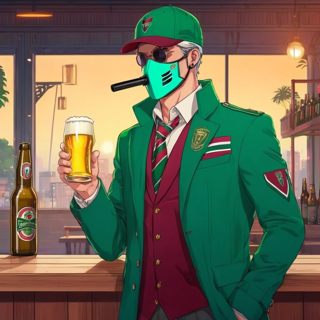 art drawing, to the mask, Wearing Fluminense clothes, Drinking beer, gun in hand, cartoon-like, chave visual, Vibrant, studio anime, highy detailed