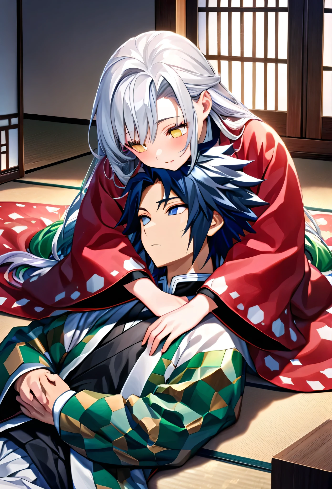 Ultra detailed, high resolution, absurd, HDR, masterpiece, anime girl and boy, beautiful woman (with long white hair with deep red streaks, girl (with yellow eyes), the girl (is wearing a red haori), uniform demon slayer black, Kimetsu No Yaiba, fantasy, handsome, Tomioka Giyu, Hashira, Tomioka is a gentle hug, couple, romantic, inside a Japanese house, best quality, extremely detailed face, love, romance, anime, the girl is lying with her head on Tomioka's sholder, she is tired but happy, he is watching her sleeping, Tomioka is a strong man