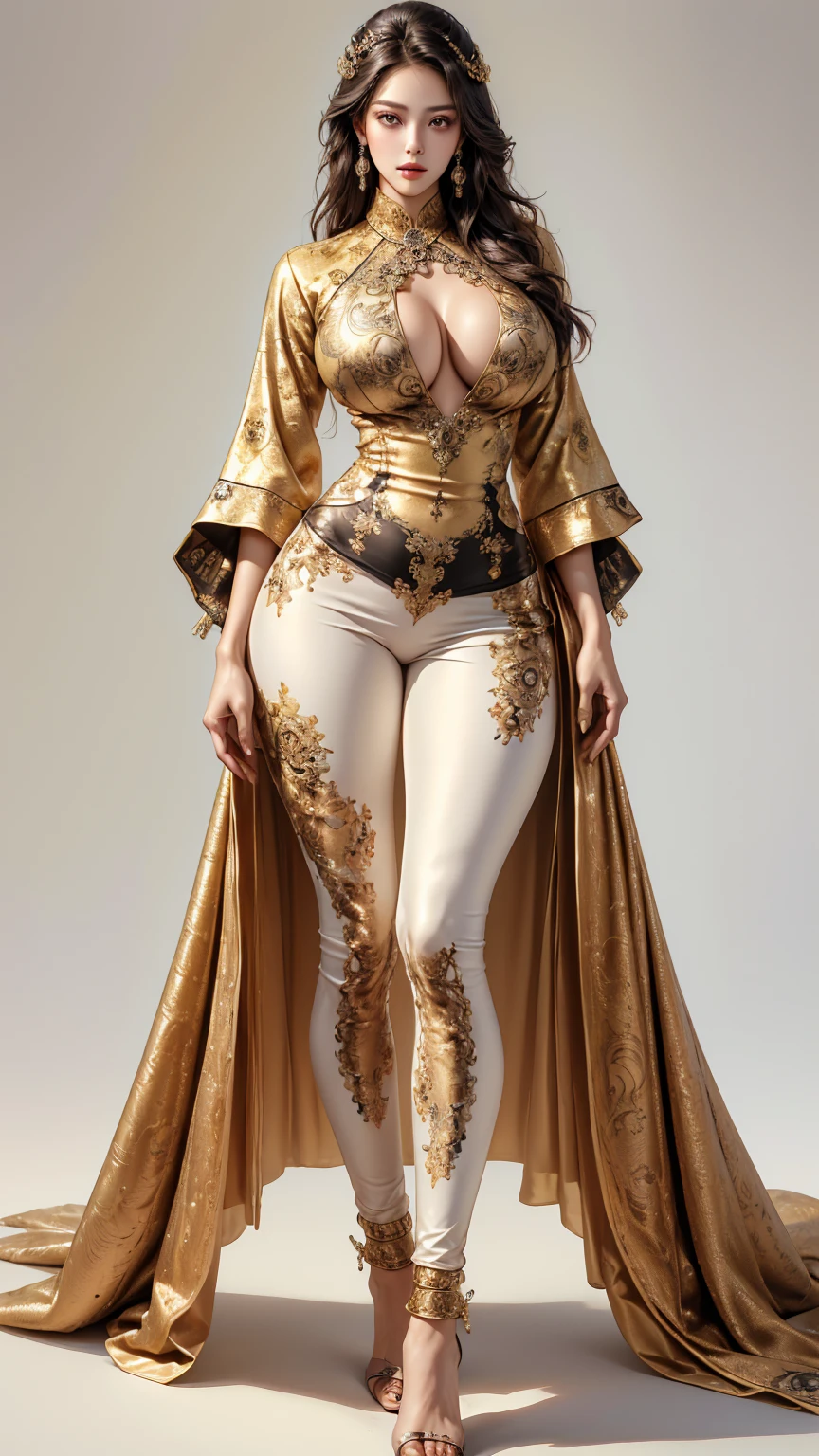 ((best quality,4k,highres,masterpiece:1.2)),((character concept art)), 1 female, age 25, Chinese Hong Kong, Hong Kong Elite, eldest sister, triad female leader, Known for her impeccable fashion sense and elegant demeanor, she is a true embodiment of the Versace brand. Her body language is as captivating as her style, always exuding confidence and high fashion. (((She's wearing an exquisite Versace Barocco-print Shirt in Silk and Barocco-print leggings gold-tone/white/black, a true testament to the brand's luxurious aesthetic.))) Paired with Versace Medusa Tribute Sandals, she carries her ensemble with an air of effortless sophistication. Her accessories include a Versace Medusa Tribute Bag and a pair of Versace Tribute Sunglasses, enhancing her overall look. ((intricate detail)), super finely detailed hands, ultra finely detailed fingers(((ten fingers))), (standing still with confidently), (full body showcase), (show full body), (no logos on background), (no logo), ((plain background)), ((plain background)), (((empty background))).