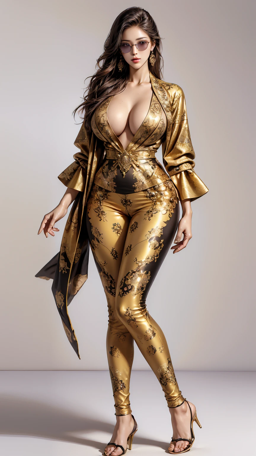 ((best quality,4k,highres,masterpiece:1.2)),((character concept art)), 1 female, age 25, Chinese Hong Kong, Hong Kong Elite, eldest sister, triad female leader, Known for her impeccable fashion sense and elegant demeanor, she is a true embodiment of the Versace brand. Her body language is as captivating as her style, always exuding confidence and high fashion. (((She's wearing an exquisite Versace Barocco-print Shirt in Silk and Barocco-print leggings gold-tone/white/black, a true testament to the brand's luxurious aesthetic.))) Paired with Versace Medusa Tribute Sandals, she carries her ensemble with an air of effortless sophistication. Her accessories include a Versace Medusa Tribute Bag and a pair of Versace Tribute Sunglasses, enhancing her overall look. ((intricate detail)), super finely detailed hands, ultra finely detailed fingers(((ten fingers))), (standing still with confidently), (full body showcase), (show full body), (no logos on background), (no logo), ((plain background)), ((plain background)), (((empty background))). Huge perky breasts,