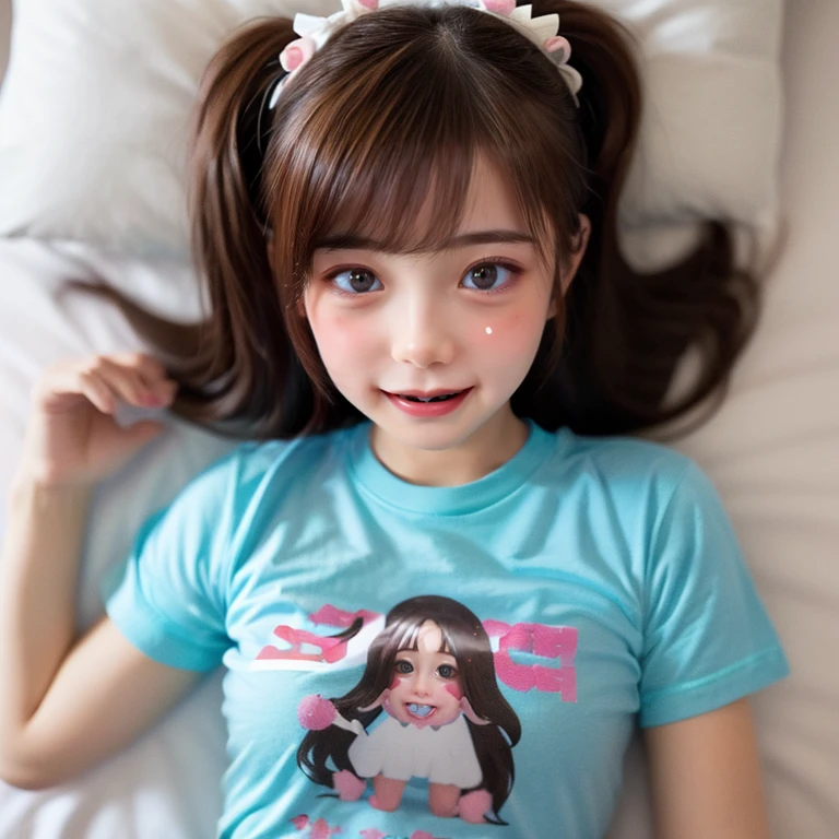 Bright Red in White, (Masterpiece 8K TopQuality:1.2) (ProfessionalPhoto:1.37) PUNIPUNI ExtremelyDetailed (((a KAWAII girl in "Super Bitch" T-shirt:1.4))) (Lying on back from DirectlyAbove)