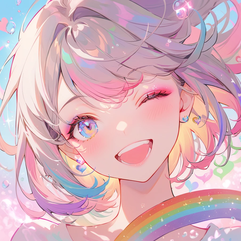 (((Best quality))), (((Ultra detailed))), 1 girl, ((((vivid)))), beautiful detailed rainbow hair, (beautiful detailed rainbow eyes, shining eyes), smiling, ((fantasy)), viewing from above, smiling, ((bubble effect)), (((heart))), smiling, blush, ((((viewing from above)))), ((heart effect)), (star effect), ((close one eye , wink)), showing teeth, beautiful detailed hair, beautiful detailed skin, wind