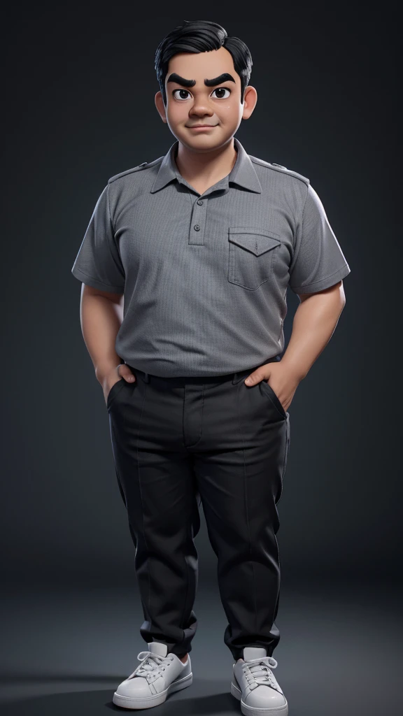 make a 3D realistic cartoon caricature of the whole body, Indonesian man aged 35 years, medium fat, round face shape, thin eyebrows, normal eyes, big tip nose, thick lips. Wear a uniform, plain gray shirt with black collar, black trousers, black shoes. facing front with studio lighting. 3D,UHD,best quality,masterpiece