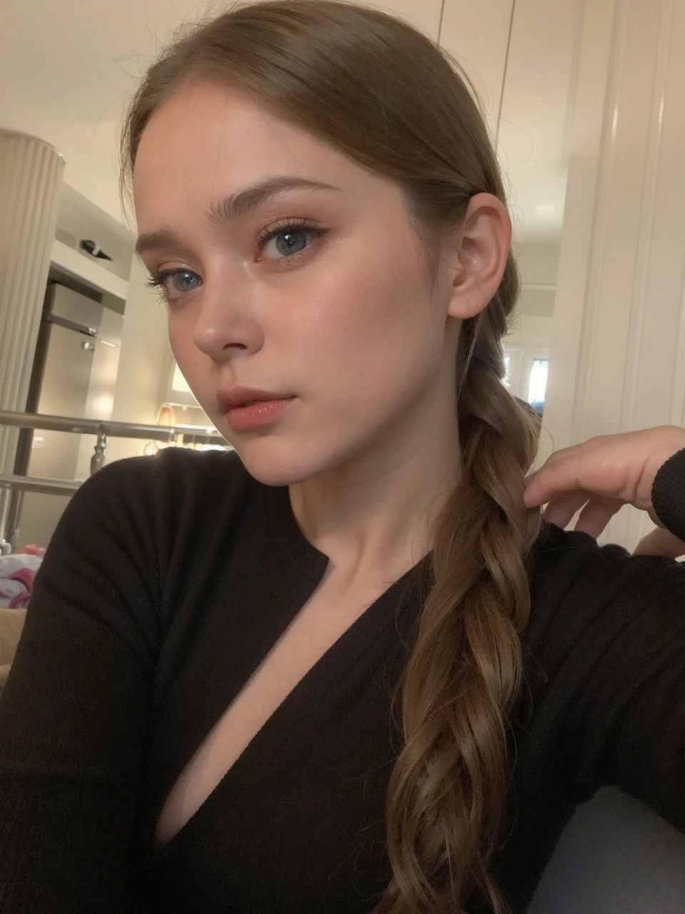 best quality, face focus, soft light, ultra high res, (photorealistic:1.4), RAW photo,
1 russian girl, solo, cute, (pupil, lights in the eyes), detailed beautiful face, (small chest),(high resolution detail of human skin texture),
(long hair),
indoor,
Damask Shirt Dress,
(portrait), blue eyes, russian eyes, plump lips, thick voluminous hair, cold light, deep shadows