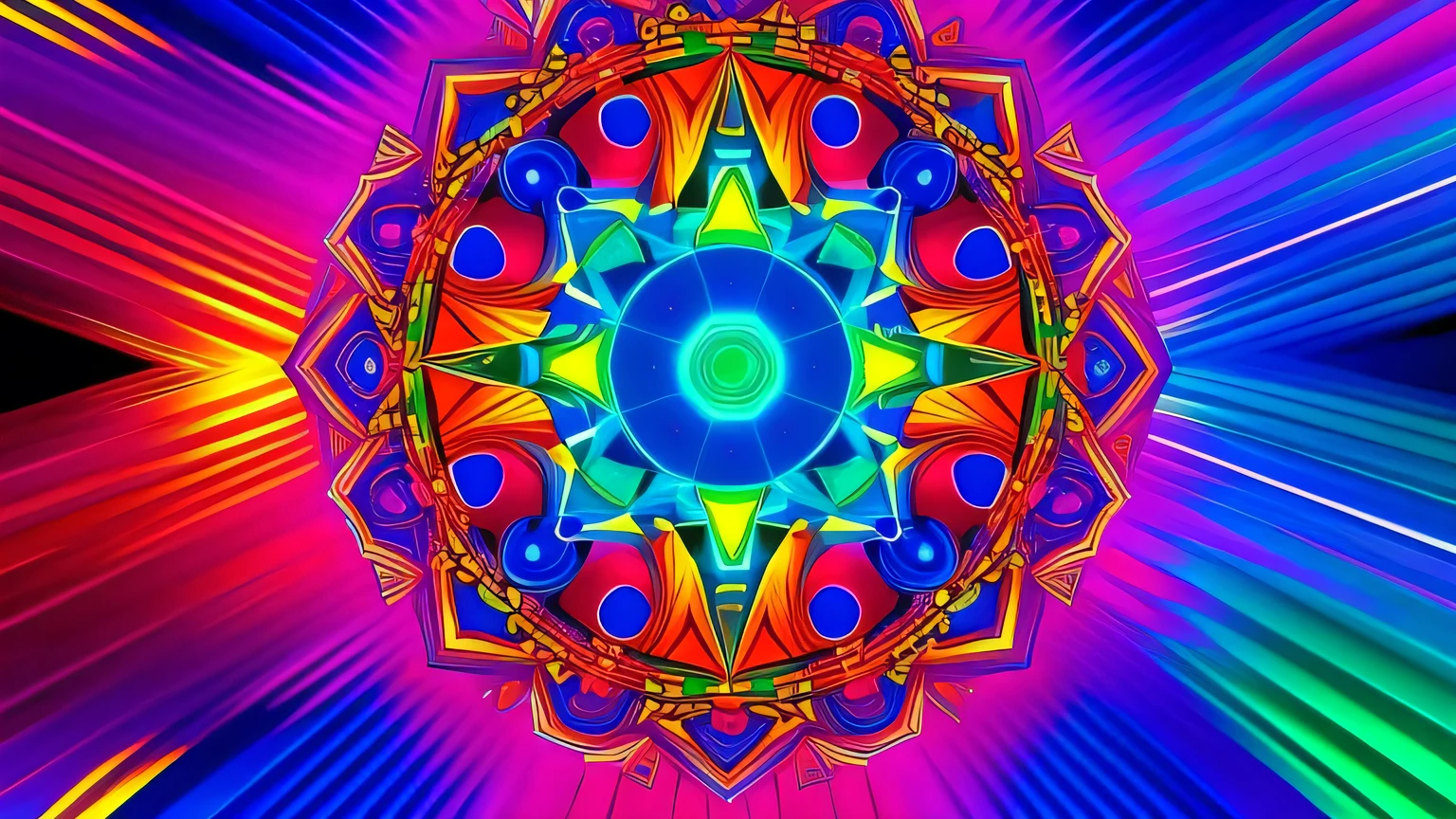 A vortex of geometric shapes flowing and intertwining in bright, contrasting colors. Imagine a dimensional portal opening. robot in the midle of the colors, kaleidoscope style