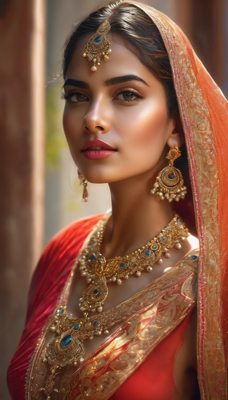 angulo aberto, uma mulher parda, com vestido dourado e echarpes brancos, luz vermelha na diagonal, cores vibrantes de fundo, com a india de background, ultra realista, 8k, com o maximo de detalhes ,energia molecular, texturas, breathtaking beauty, pure perfection, unforgettable, impressionante, breathtaking beauty, ., ultra hd, realista, cores vivas, altamente detalhado, Desenho UHD, Caneta e tinta, Perfect composition, linda, detalhada, intrincada, insanamente detalhada, octane rendering trend in artstation, 8k art photography, photorealista concept art, soft natural volumetric cinematic perfect light.