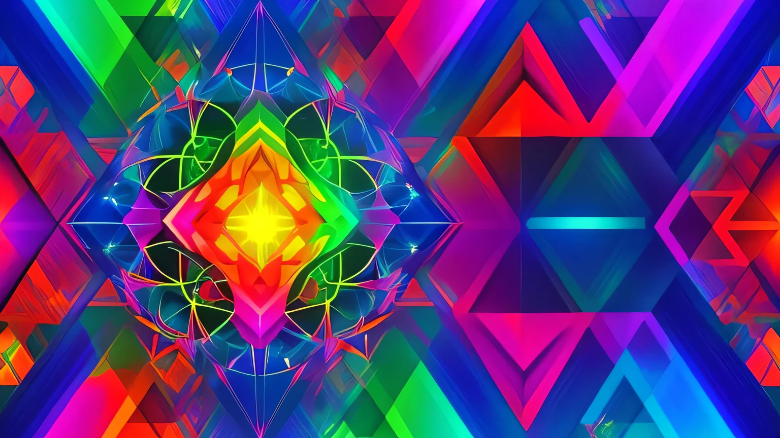A vortex of geometric shapes flowing and intertwining in bright, contrasting colors. Imagine a dimensional portal opening. robot in the midle of the colors, kaleidoscope style