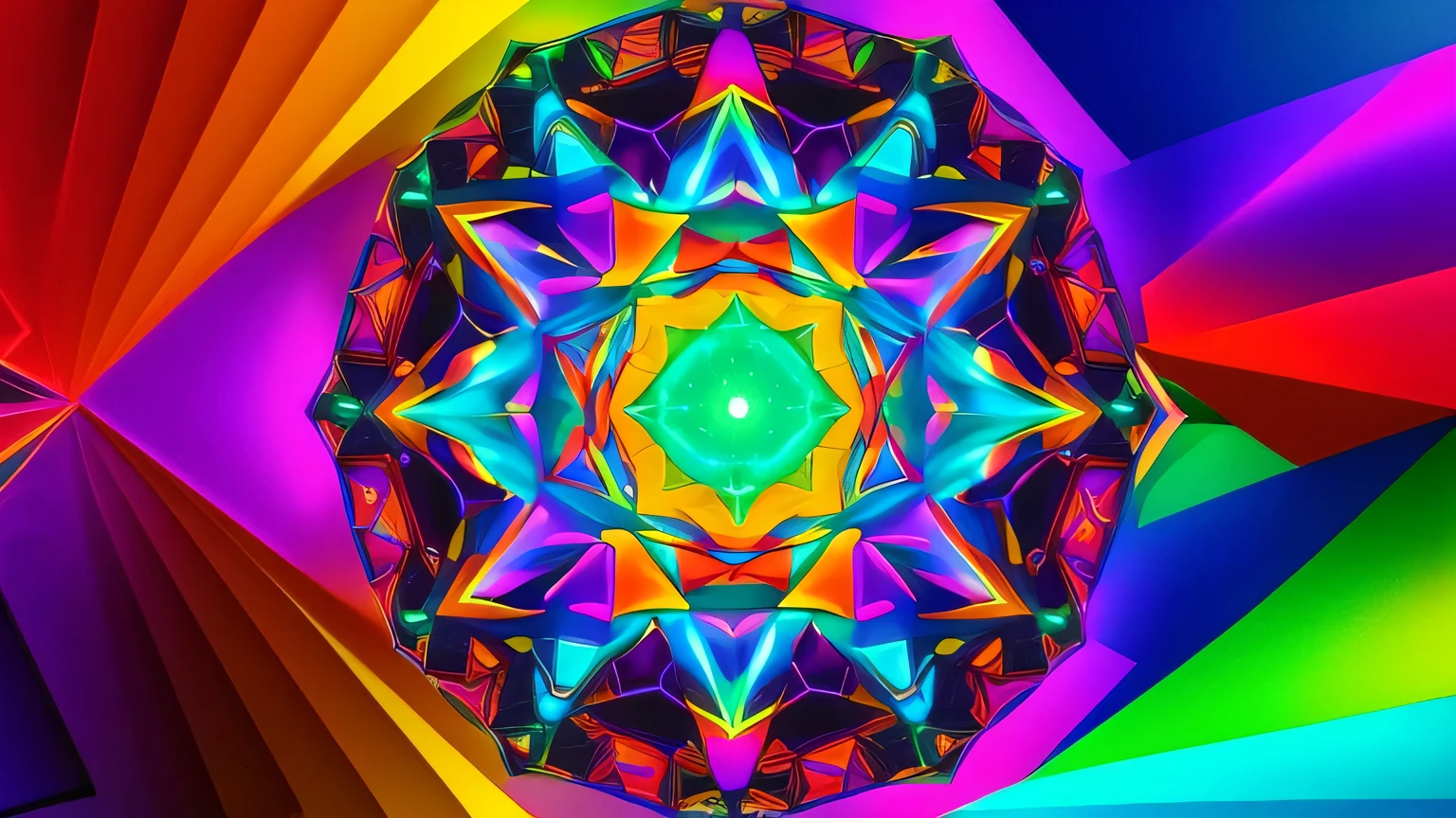 A vortex of geometric shapes flowing and intertwining in bright, contrasting colors. Imagine a dimensional portal opening. robot in the midle of the colors,  kaleidoscope style
