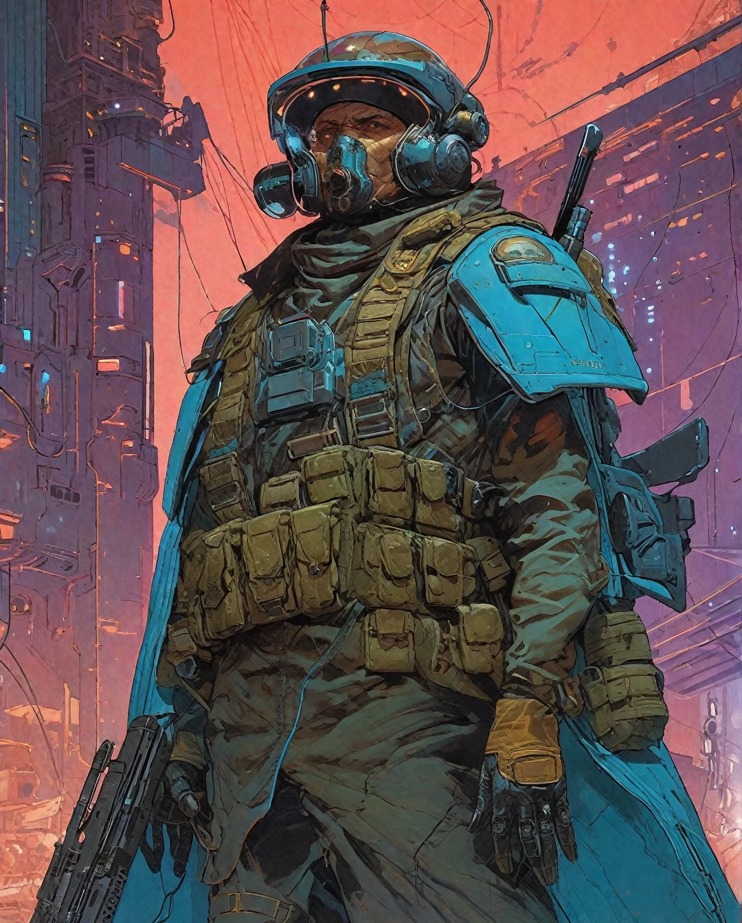 Flat-colored still of a In a neon-lit cyberpunk space setting, In a dystopian cyberpunk future, a mesmerizing propaganda poster beckons viewers to enlist in the military. Combining the gritty art style of Frank Frazetta with the futuristic flair of Moebius, the image features a cybernetically enhanced soldier, clad in sleek, reflective armor and wielding cutting-edge weapons. The intricate detailing, vivid colors, and dynamic composition elevate this digital painting to a level of unparalleled artistry, capturing the essence of a war-torn, technologically advanced world with stunning precision.