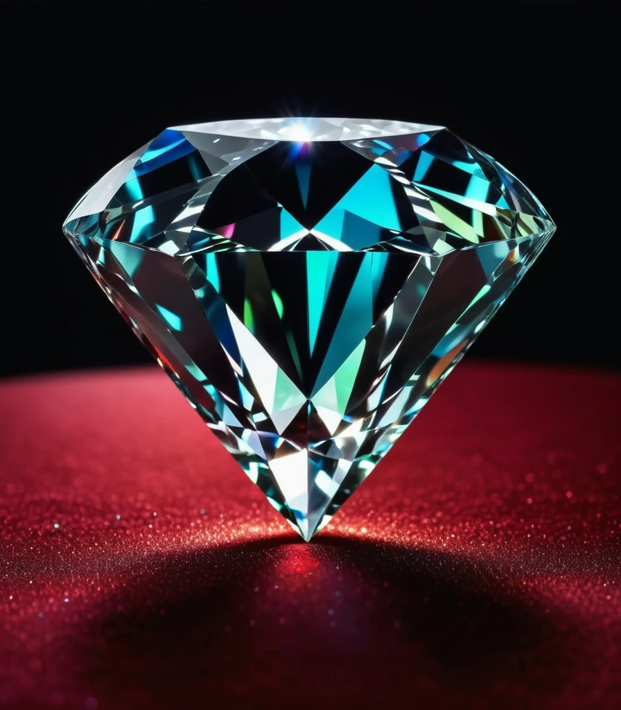 a large diamond jewel on red velvet table with a black misty background, radiant light beams, chromatic aberration, broken prism, refraction, light caustics, detailed illustration, bioluminescent, colorfull, glow,