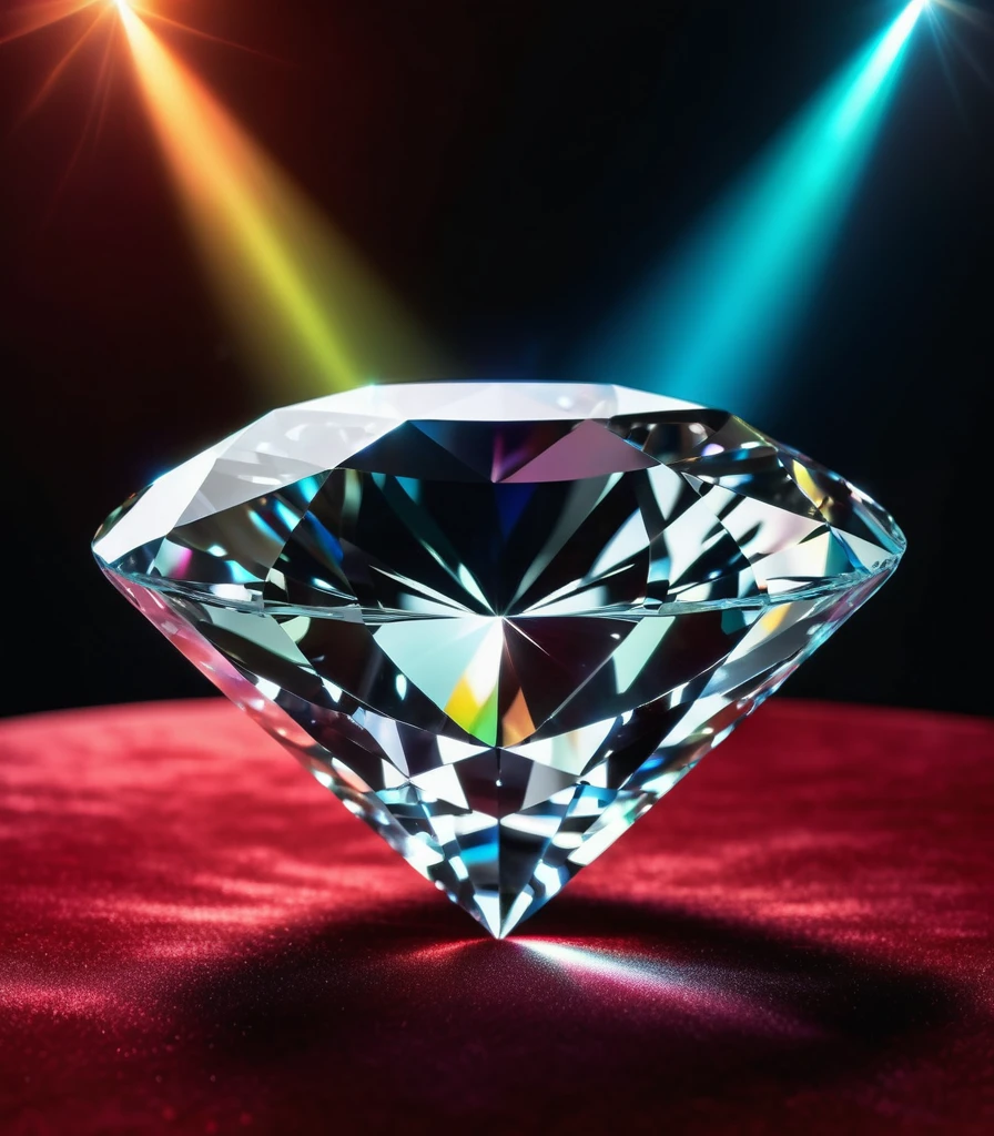 a large diamond jewel on red velvet table with a black misty background, radiant light beams, chromatic aberration, broken prism, refraction, light caustics, detailed illustration, bioluminescent, colorfull, glow,