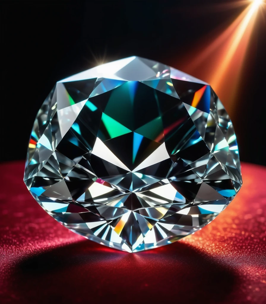 a large diamond jewel on red velvet table with a black misty background, radiant light beams, chromatic aberration, broken prism, refraction, light caustics, detailed illustration, bioluminescent, colorfull, glow,