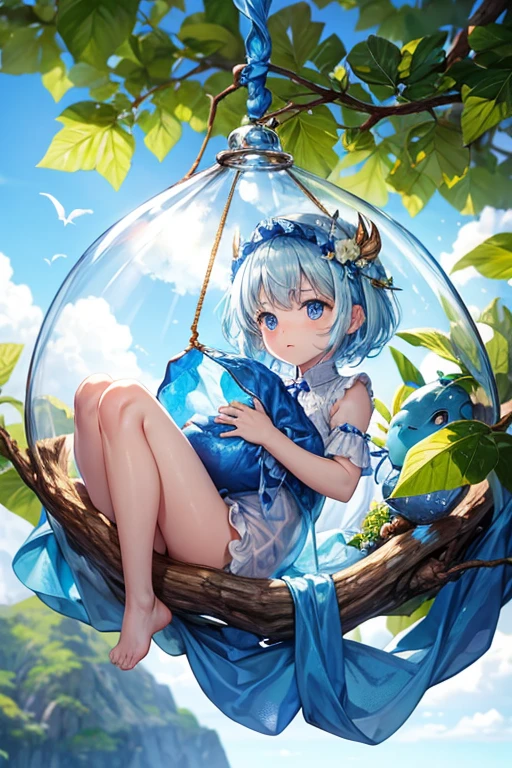 (4K), little boy with white hair and barefoot and white clothes, He sits on a flower field, which is covered with blue roses, und betet, Nebel Licht, Impressionismus, 2D, (Dornen: 1.1), (toter Baum: 1.1) Focused on feet,