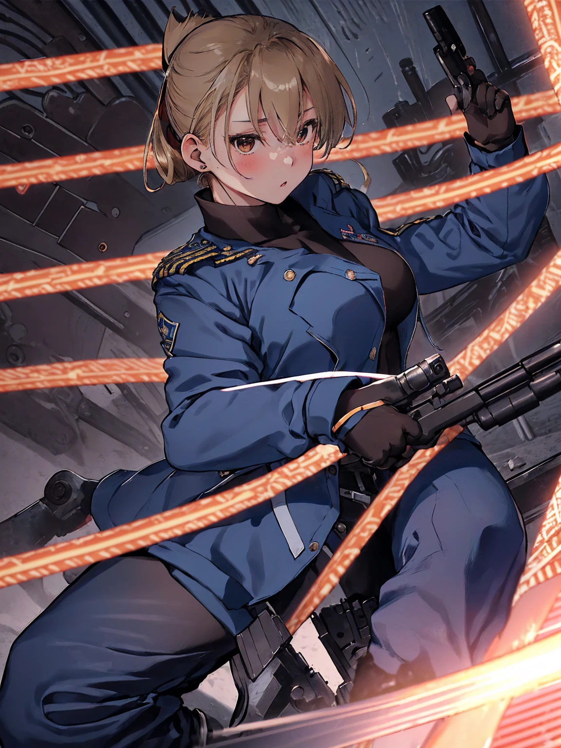 masterpiece, Highest quality, High resolution, One girl, (Blue jacketの下にBlack innerwearを着ている), Folded ponytail, Brown eyes, , uniform, Blue jacket, Blue pants, ,Big Breasts, Black innerwear, (Bend down and shoot your gun:1.3), blush, (Ready your gun?)
