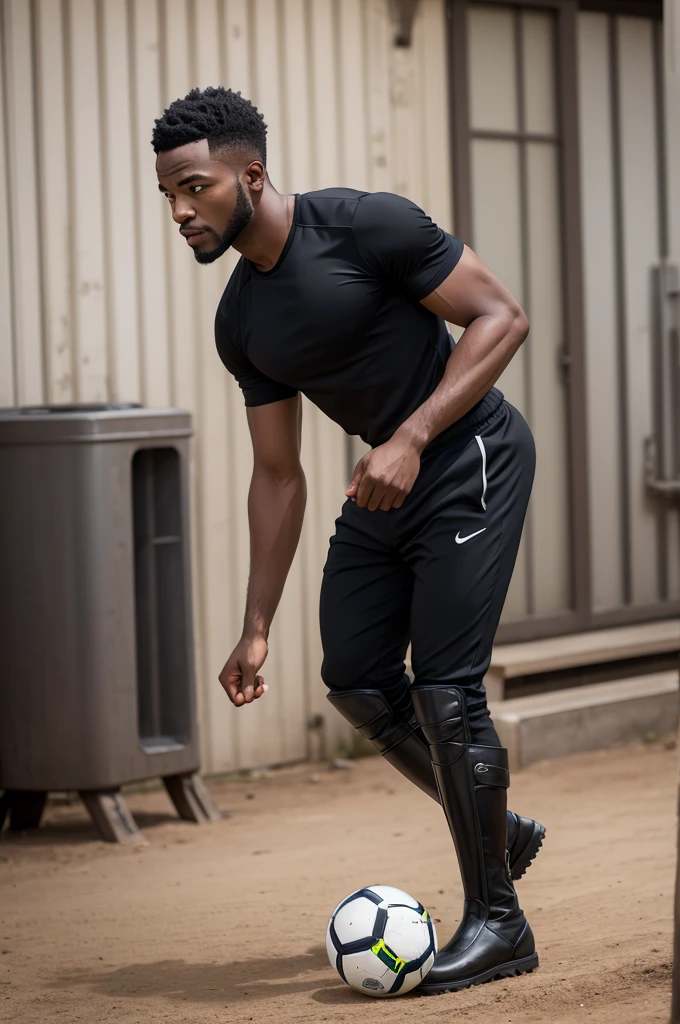 A black man using a ball and an iron boot