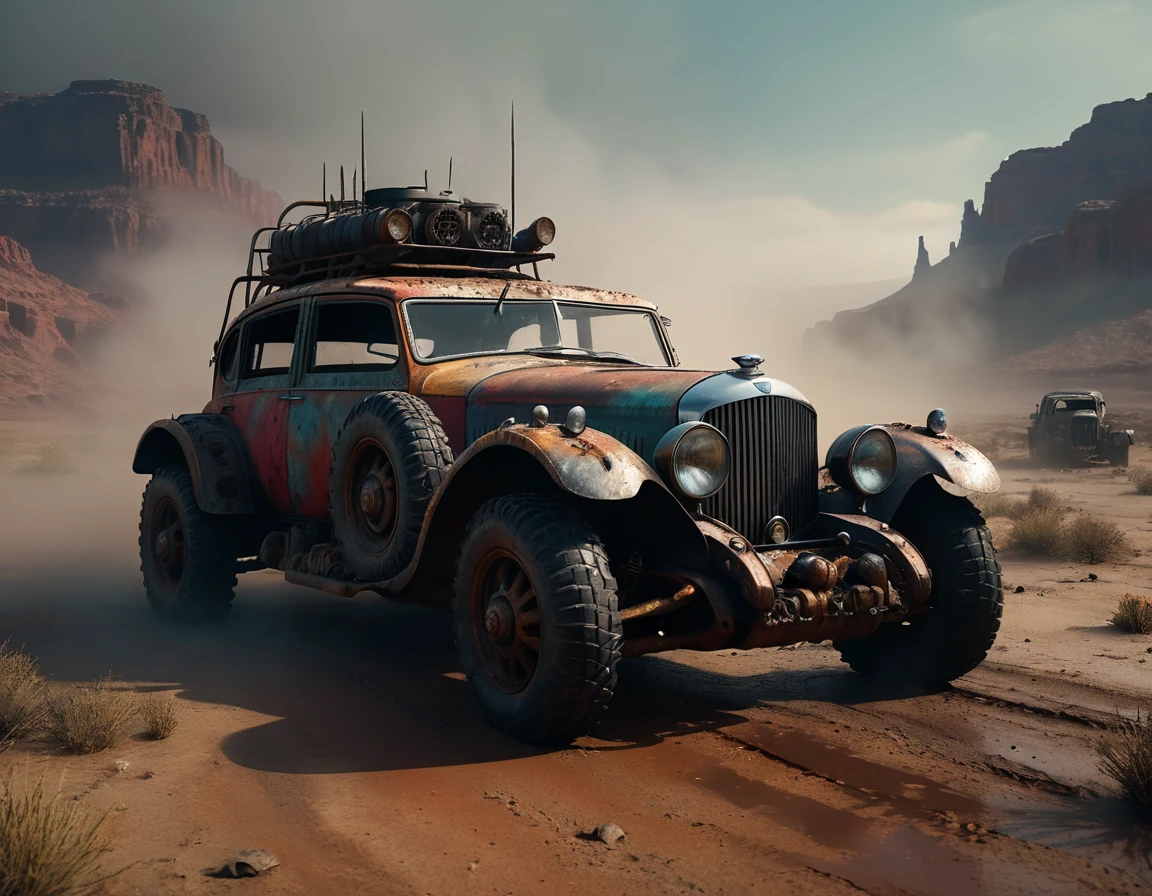 a powerful off-roader, post-apocalyptic, mad max style, weathered and dystopian, desert landscape, dramatic lighting, vibrant colors, gritty and rugged, heavily modified vehicle, massive wheels, spikes and armor plating, menacing presence, cinematic composition, ultra-detailed, 8k, photorealistic, dramatic angles, chiaroscuro lighting, volumetric fog, dust and grime effects, worn and battle-damaged, ominous atmosphere, cinematic depth of field, dramatic color grading, intense shadows and highlights, car old Bentley, with visible motor