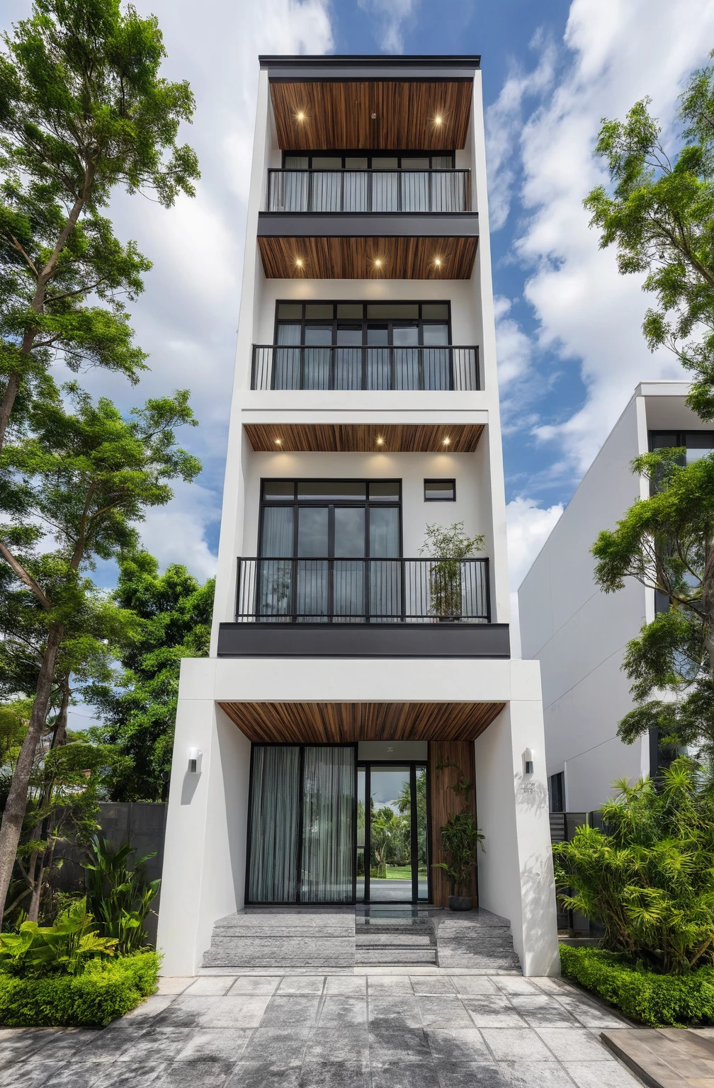 masterpiece, best quality, exterior design, single 1 storie modern house on the Vietnam village, marble, steel, modern dark tiled granite and white walls facade, wooden ceiling, large glass, minimalist modern style, green shrubs and tropical tree background, large door and windows.