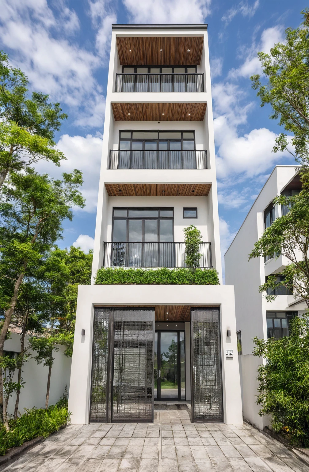 masterpiece, best quality, exterior design, single 1 storie modern house on the Vietnam village, marble, steel, modern dark tiled granite and white walls facade, wooden ceiling, large glass, minimalist modern style, green shrubs and tropical tree background, large door and windows.

