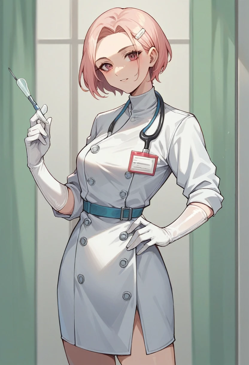1girl, light hair, ((white elbow gloves)), ((surgical gloves)), ((latex gloves)), ((long sleeves)) ((pink surgeon outfit)), looking at viewer, ((doctor)), standing, solo