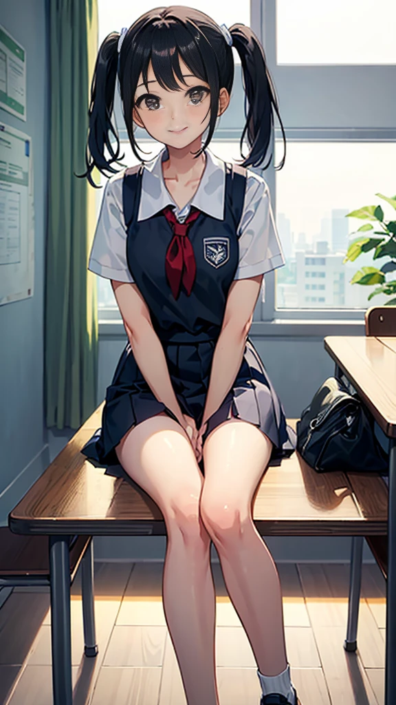 ((Top Quality)), ((Masterpiece)), (Natural), a school girl, smile, twin tail long black hair, in the class, view from the front