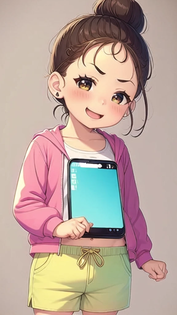 a child with a pink bow holding a smartphone while talking to someone, 1girl, yellow bow, jewelry, solo, earrings, phone, eyes, hair, bow, smile, open mouth, bag, cellphone, pink shirt, shorts, hair bow, holding phone,sad