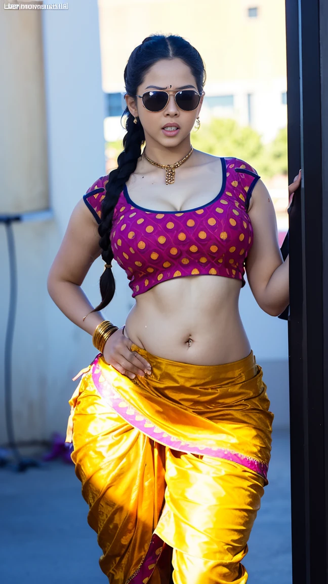 HD wallpaper 32k cinematic shoot of a Beautiful cute girl, with thick thighs and a curvy waist, twin braids, wearing an Indian blouse top, horny, seductively, in a school corridor, dotted blouse top, angry, ((long curvy waist)), ((lowwaist)), ((curvy waist)), ((sunglasses)), ((angry))