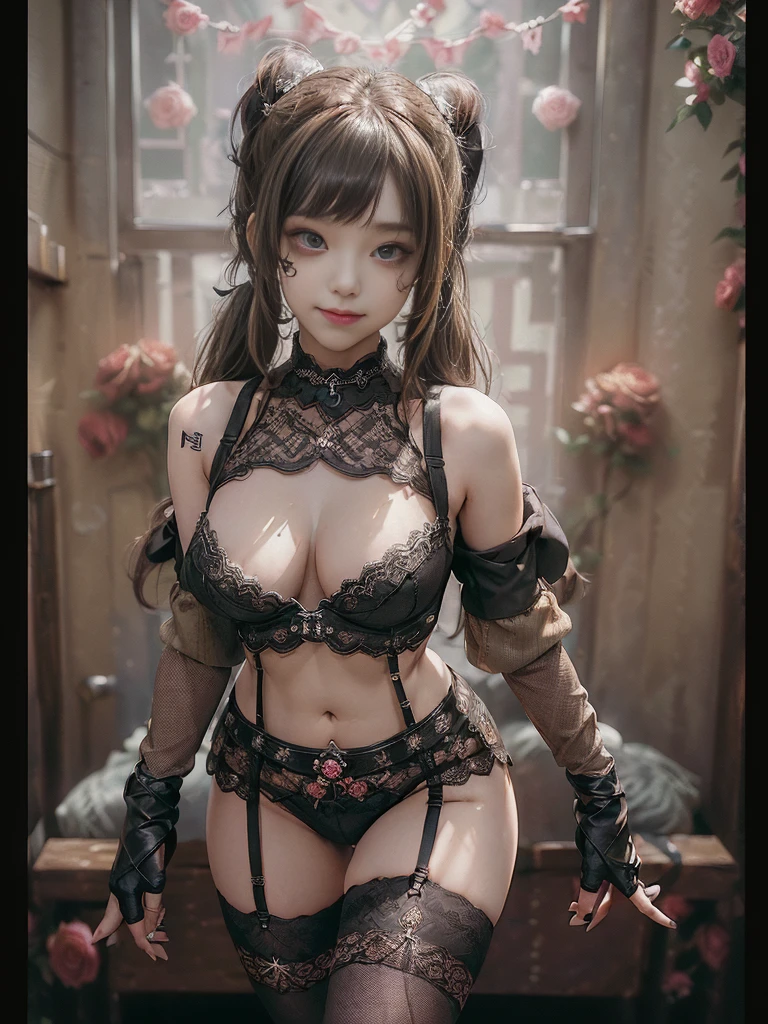(Full Body View:1.2)、(Side view:1.1)、(Smiling with teeth showing:1.3),(Shibuya Gal:1.5)、(Beautiful:1.3)(Neo-goth style fashion:1.5)、(Idol Costumes:1.4)、(Medieval royal knitted miniskirt nightdress in wine, dark brown and beige with decorations:1.5)、(Black, brown and beige gloves and a Compression shirt:1.5)、(Denim high heels:1.3)、(Wearing silver accessories:1.5)、(Lace collar:1.4)、(Leather garter belt:1.4)、(Brown Skin Belt:1.3)、(Black lace underwear:1.5)、20-year-old、(Doing an aerobics pose:1.3)、((Highest quality、In 8K、masterpiece:1.3))、Sharp focus:1.2、(Layered Cut、Huge boobs:1.1),Beautiful woman with perfect figure:1.4、(Dancing vigorously:1.3)、Slender Abs:1.2、Highly detailed face and skin texture、Detailed eyes、double eyelid,(Twin tails:1.3)、(Brown-golden hair:1.3)、Gravure idol、(The background is a VIP room of a high-class cabaret club surrounded by roses on a sunny day outdoors.:1.3)、(Slim body:1.2),(Thin thighs:1.4),(clavicle:1.1)