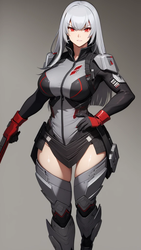 Megatron human woman in military outfit with silver hair and red eye