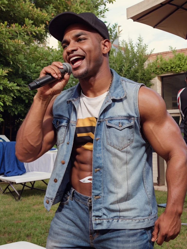 man of 40 years old, with cap, pop music singer, singing at an outdoor party with great joy.
