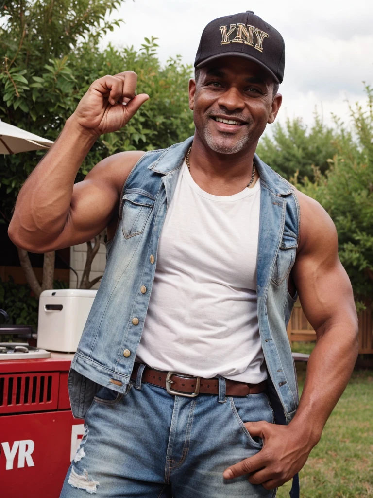 man of 40 years old, with cap, pop music singer, singing at an outdoor party with great joy.